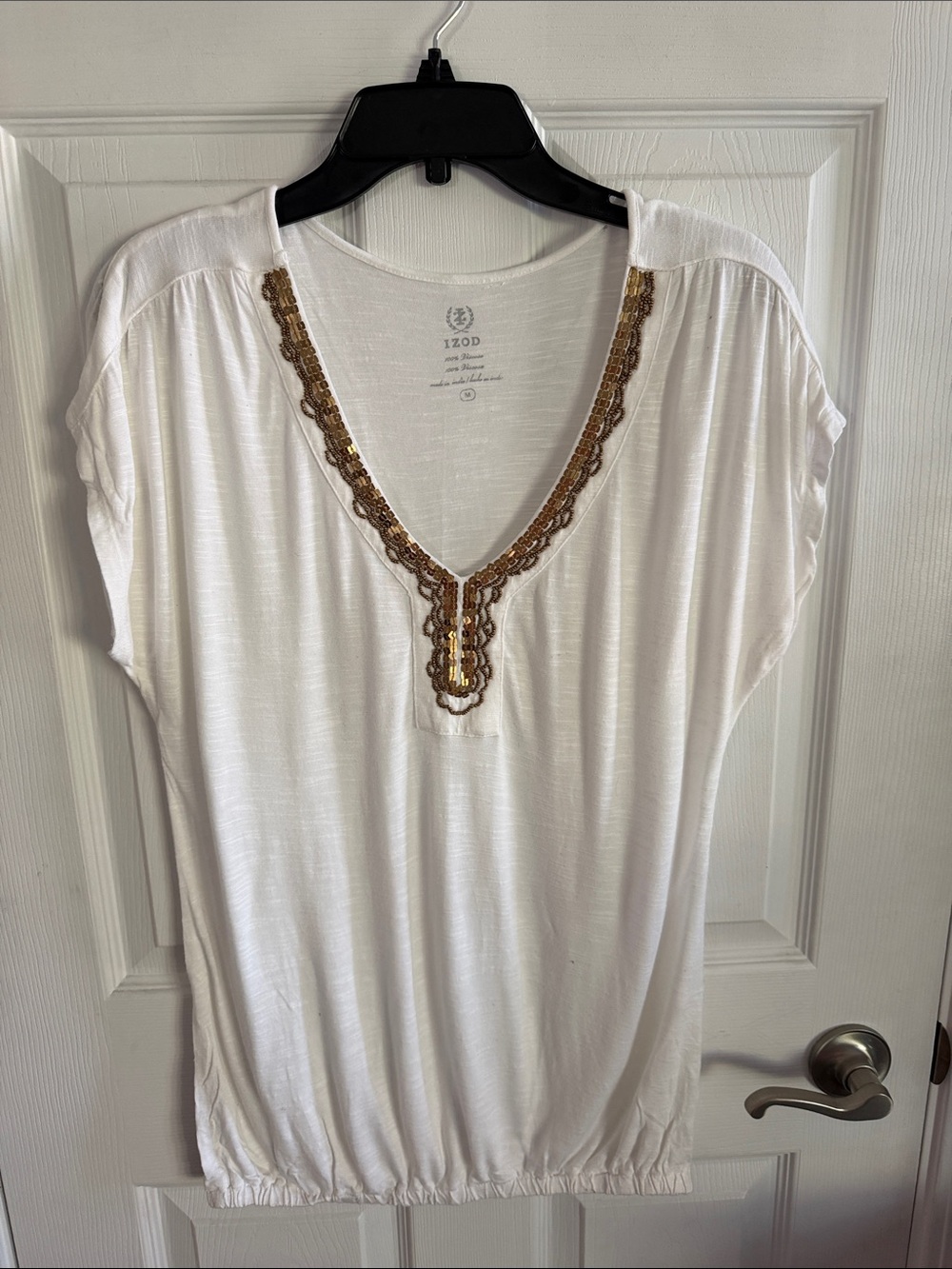 Izod White V-Neck Short Sleeve Tunic with Gold Embellished Trim